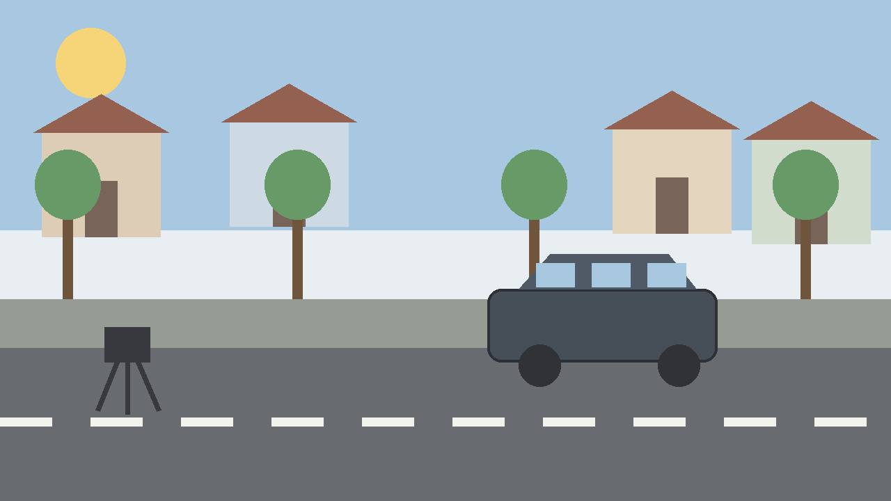 Editorial illustration of a generic residential street corner with houses, a generic parked SUV and a news camera on a tripod, flat style, no people, no collision, no text, no real place depicted