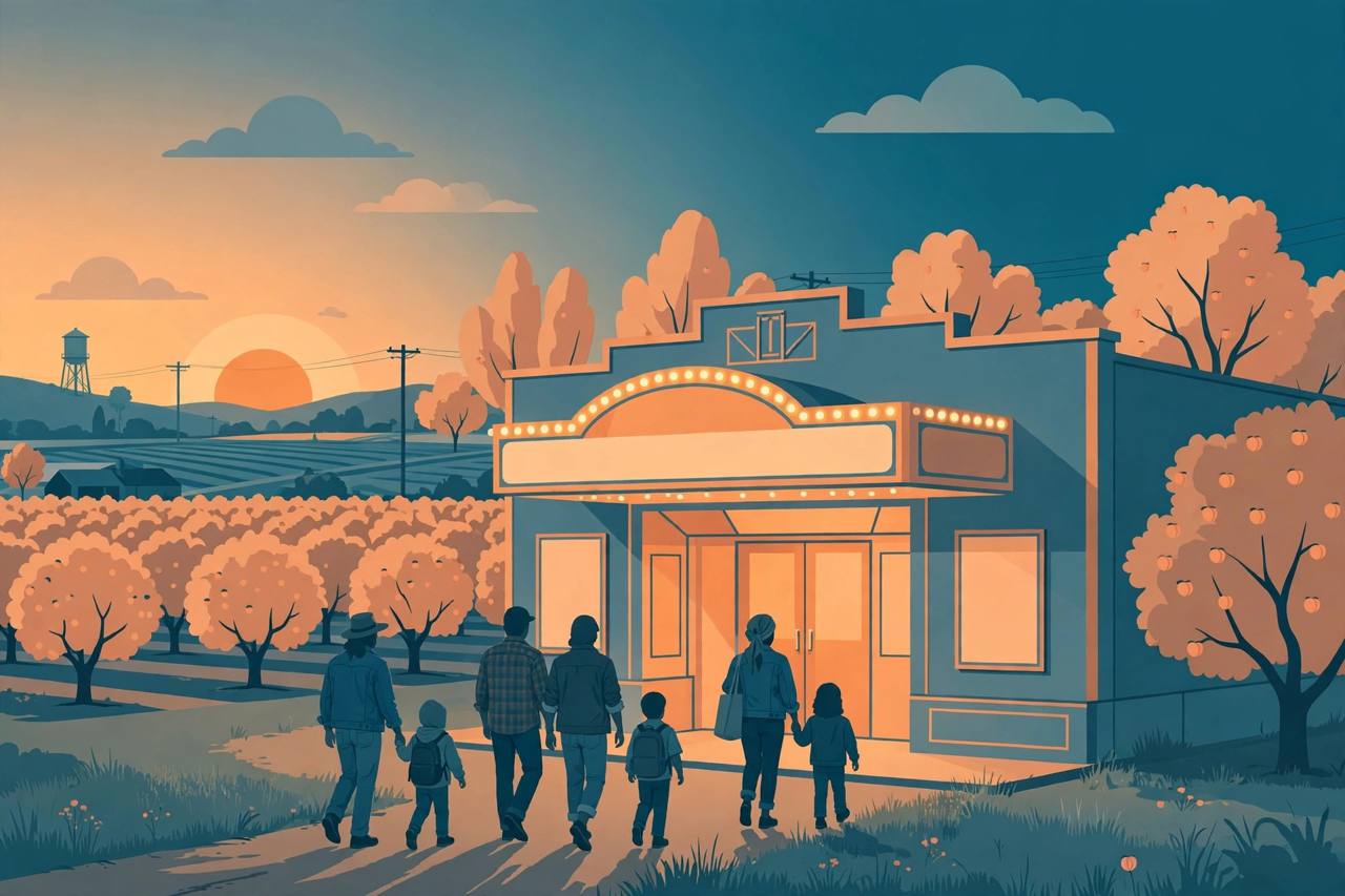 Editorial illustration of a small-town California cinema at dusk with peach orchards and generic farmworker families