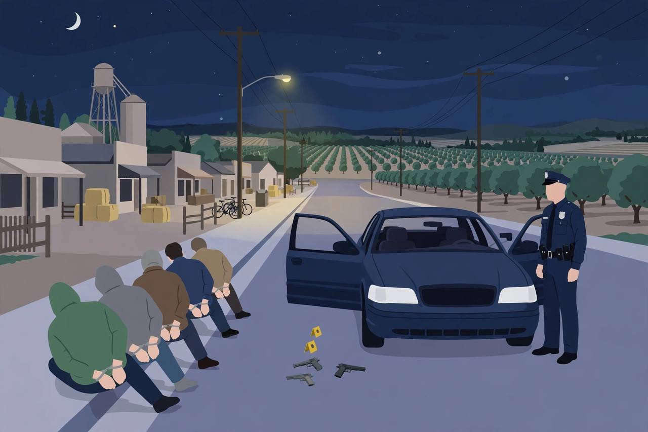 Editorial illustration of a nighttime traffic stop on a street in Yuba City, California