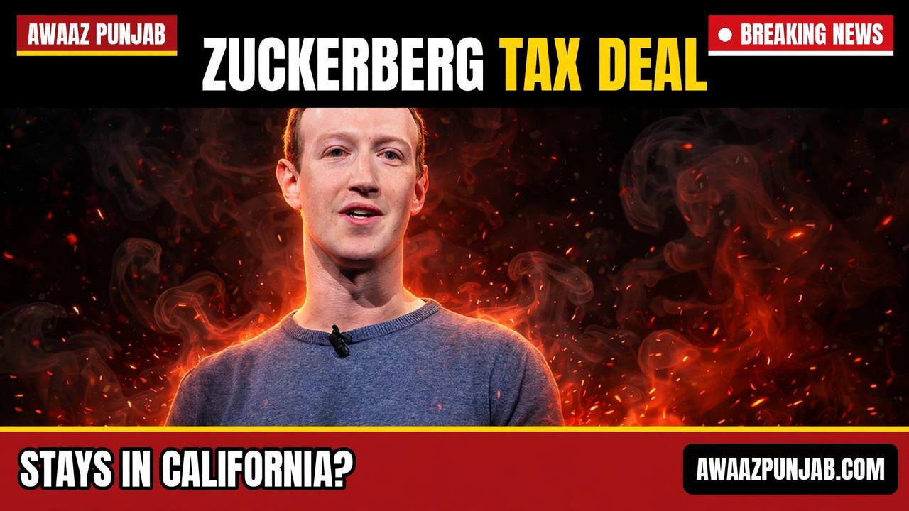 Mark Zuckerberg speaking on stage — real photo by Anthony Quintano, via Wikimedia Commons, in the Awaaz Punjab branded thumbnail