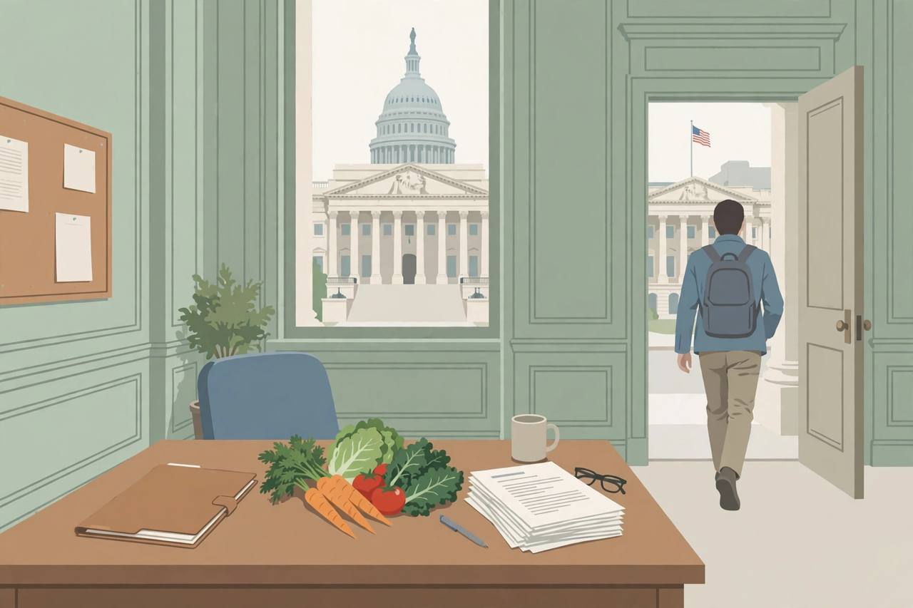 Editorial illustration of an empty government desk with a resignation folder and food policy papers in Washington