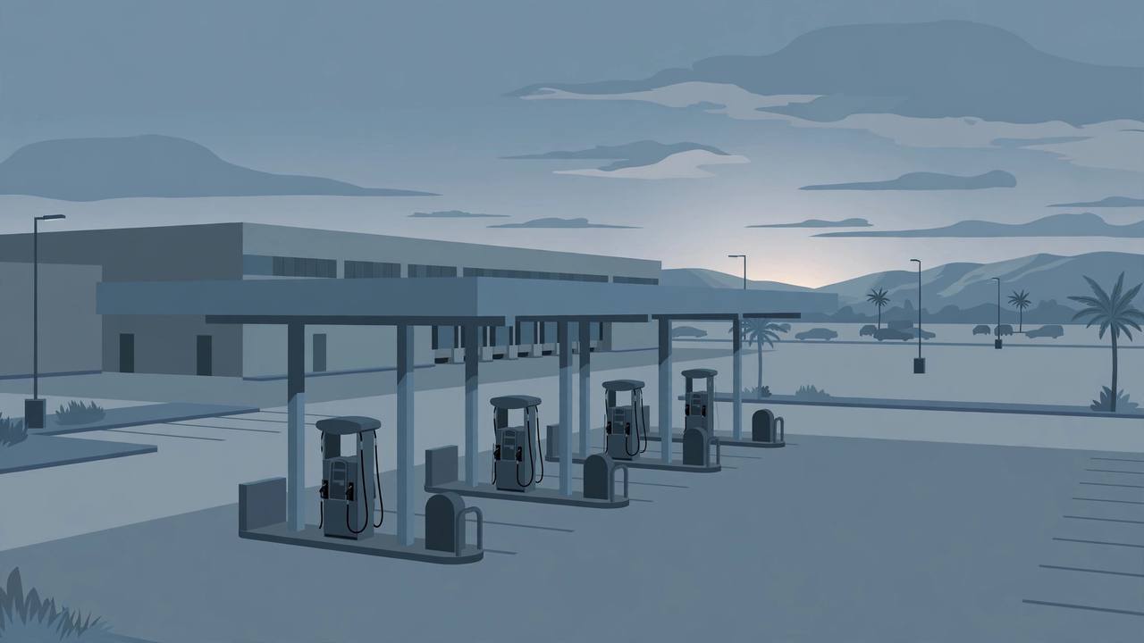 Editorial illustration of a quiet warehouse-store gas station at dusk in Southern California, somber and respectful, with no incident depicted