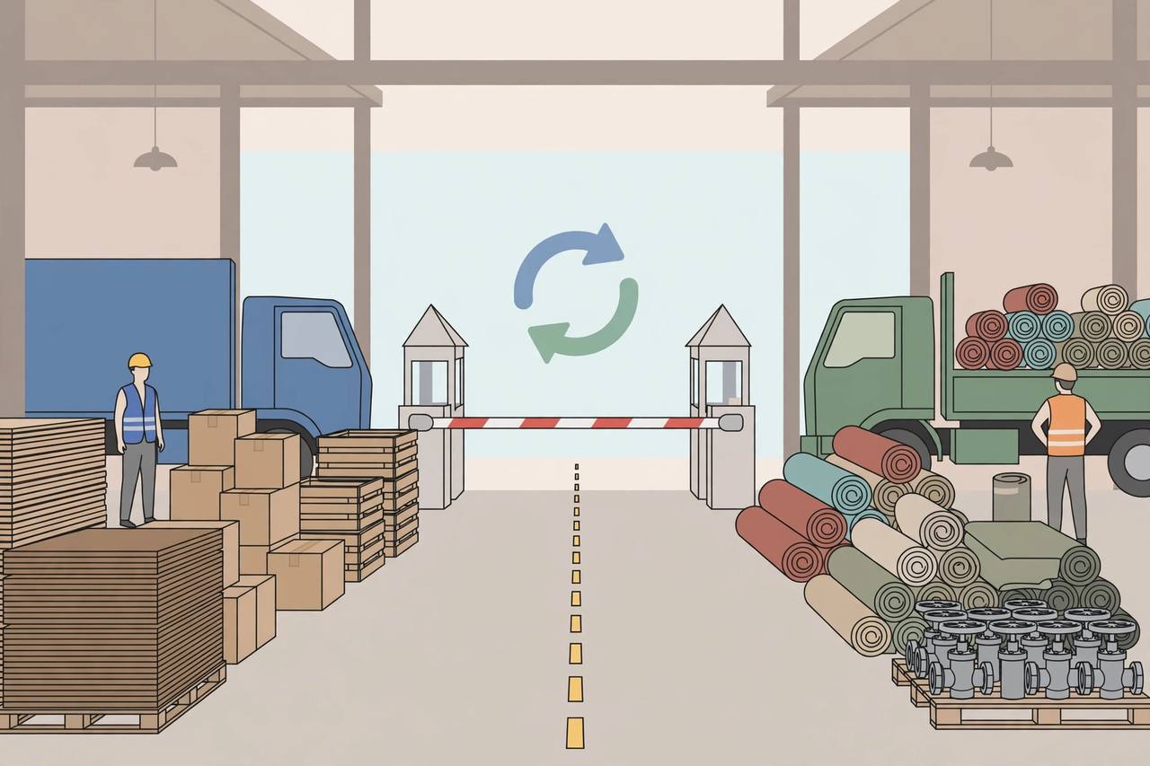Editorial illustration of a border warehouse with generic freight trucks, stacked plywood sheets, paper boxes and packing crates on one side and carpets and metal valves on the other — no real event photo and no real person's face is shown