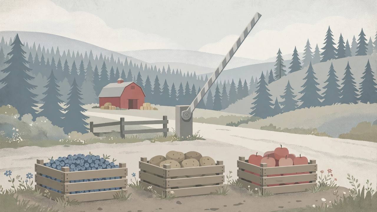 Editorial illustration of crates of blueberries, potatoes and apples beside a lifting border barrier, a red barn and pine forest, flat style, no real person depicted
