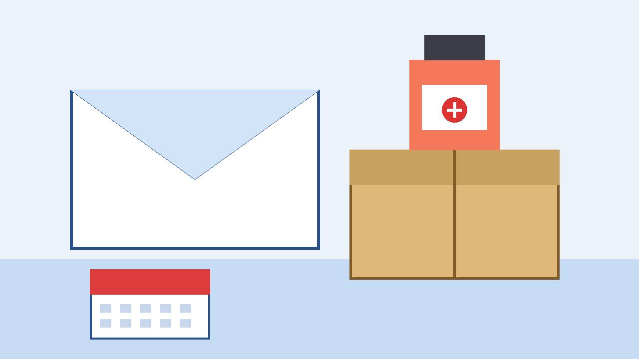 Editorial illustration of mail parcels and a prescription bottle with a calendar, marking the delayed US mail-entry deadline