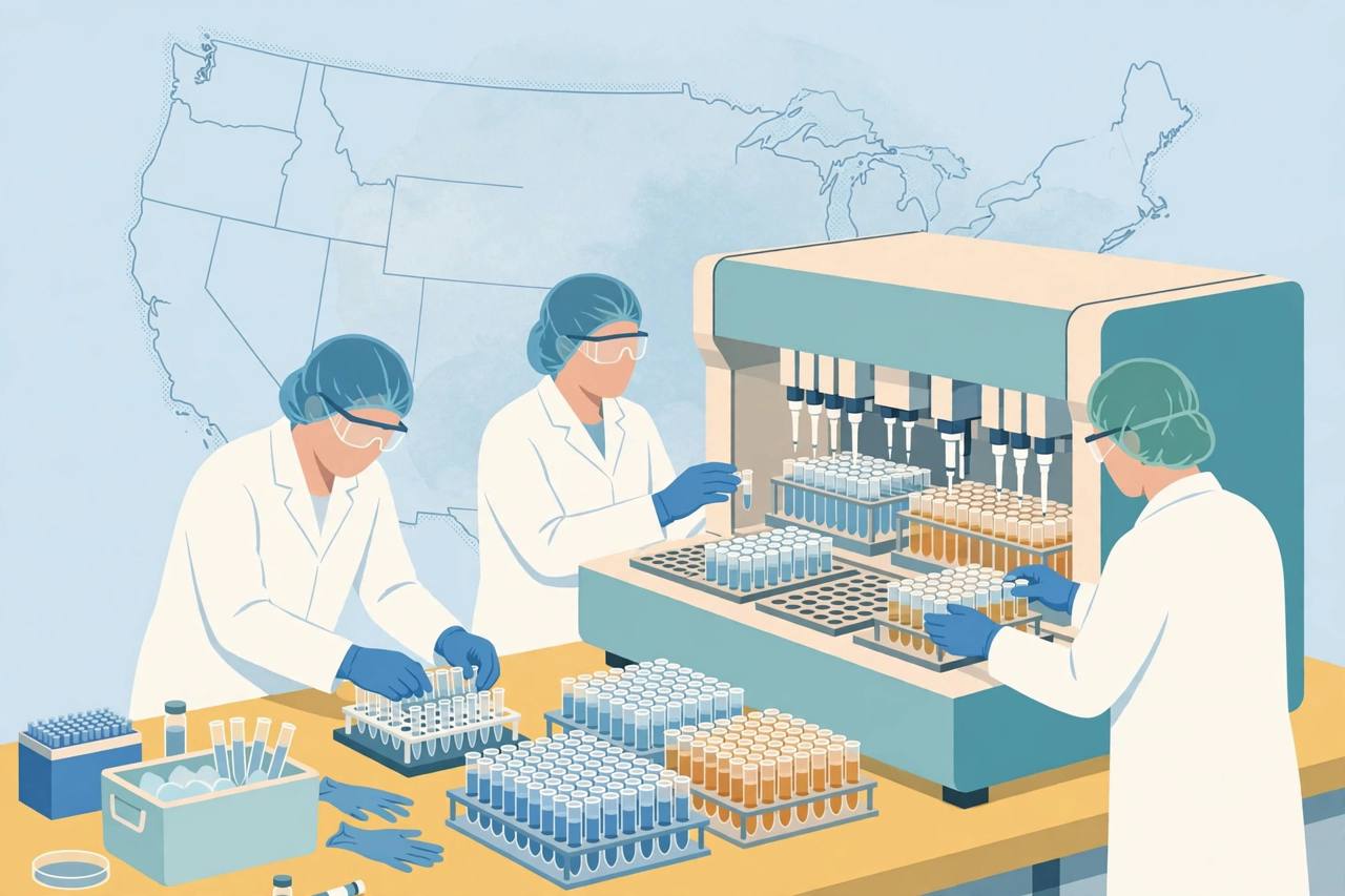 Editorial illustration of public health laboratory scientists working beside a high-throughput testing machine with rows of sample tubes