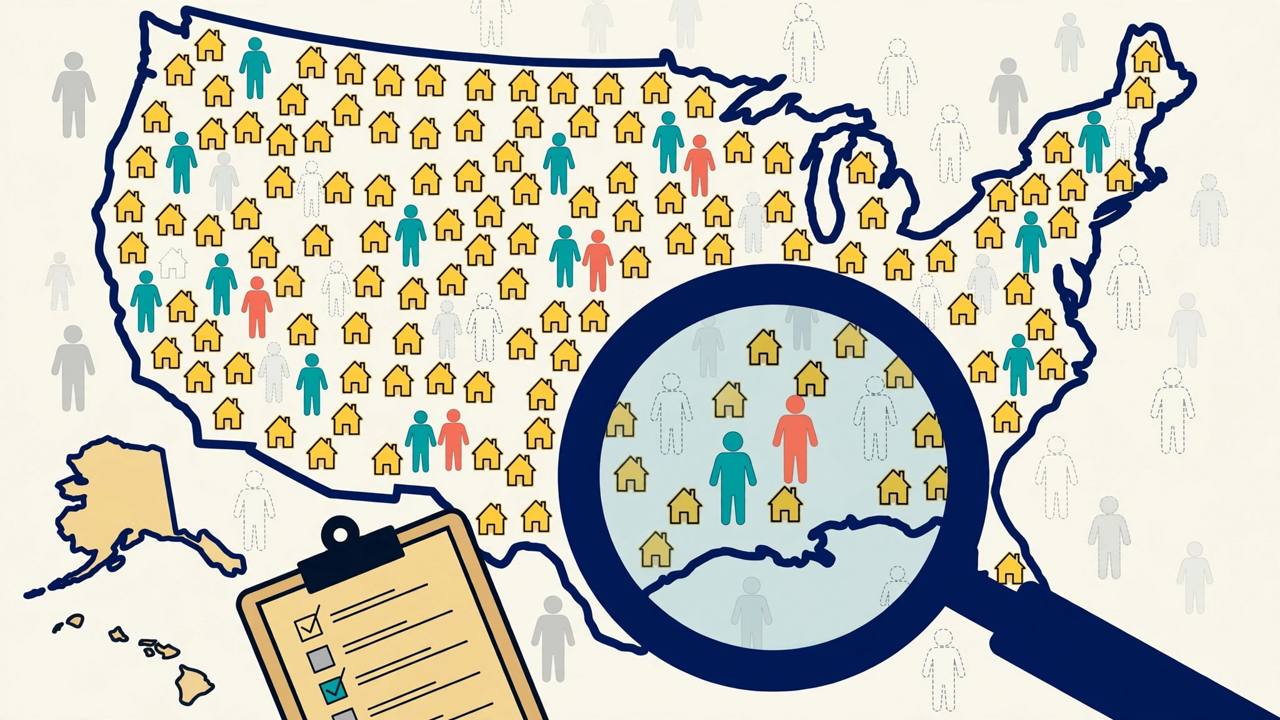 Editorial illustration of a United States map filled with generic house icons and standing figures, some faded out, with a magnifying glass and clipboard, flat style, no text, no real person depicted