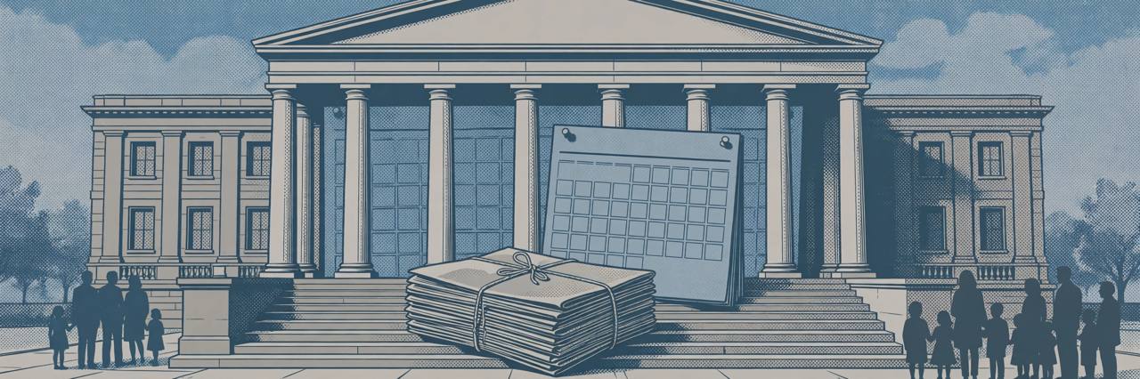 Editorial illustration of a US courthouse with a stack of paused case folders on its steps and generic figures of families waiting outside