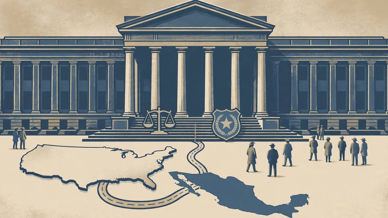 Editorial illustration of a generic federal courthouse in Washington with a stylised map of Mexico and the United States, a shield badge and scales of justice
