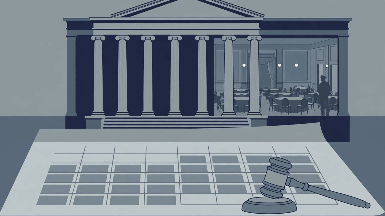 Editorial illustration of a federal courthouse with columns, a gavel and a large calendar in the foreground, and a formal banquet hall with a security officer silhouette in the background
