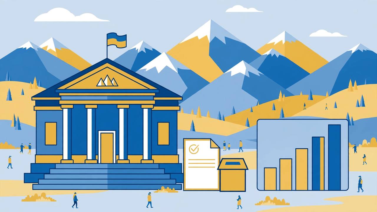 Editorial illustration of a Colorado courthouse with mountains behind it, a ballot paper and a rising bar chart, generic voters in the distance