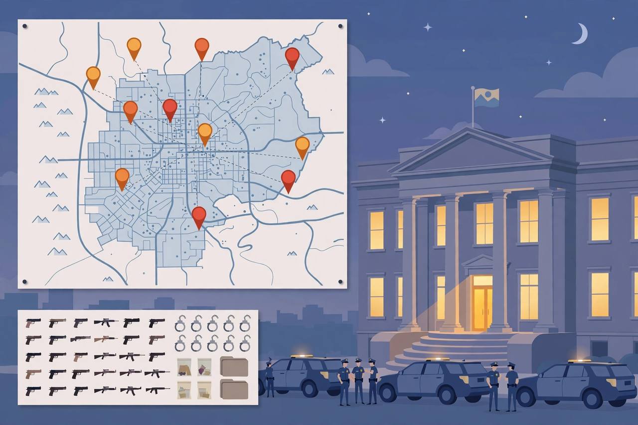 Editorial illustration of a Colorado courthouse at dusk with a Denver metro map in the background