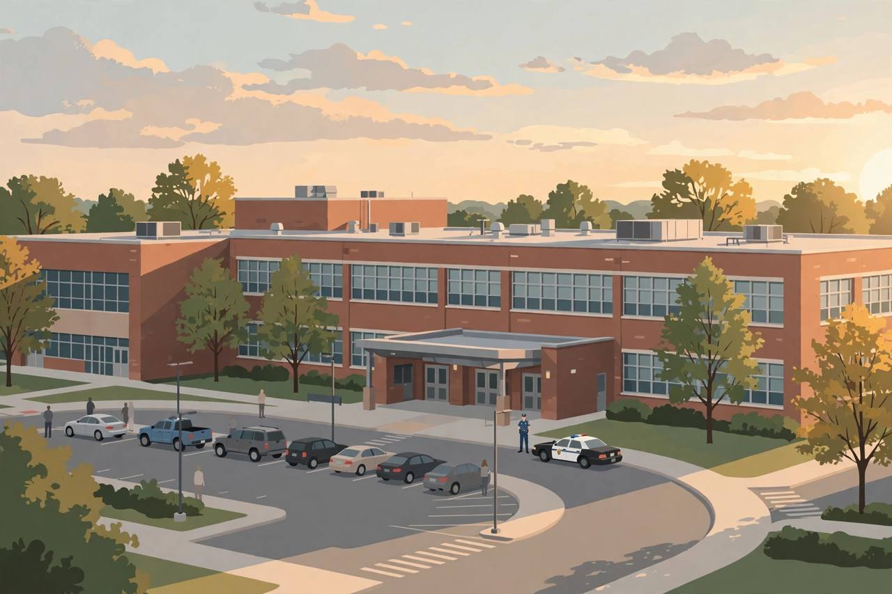 Editorial illustration of a high school building with a police car at the student pickup area