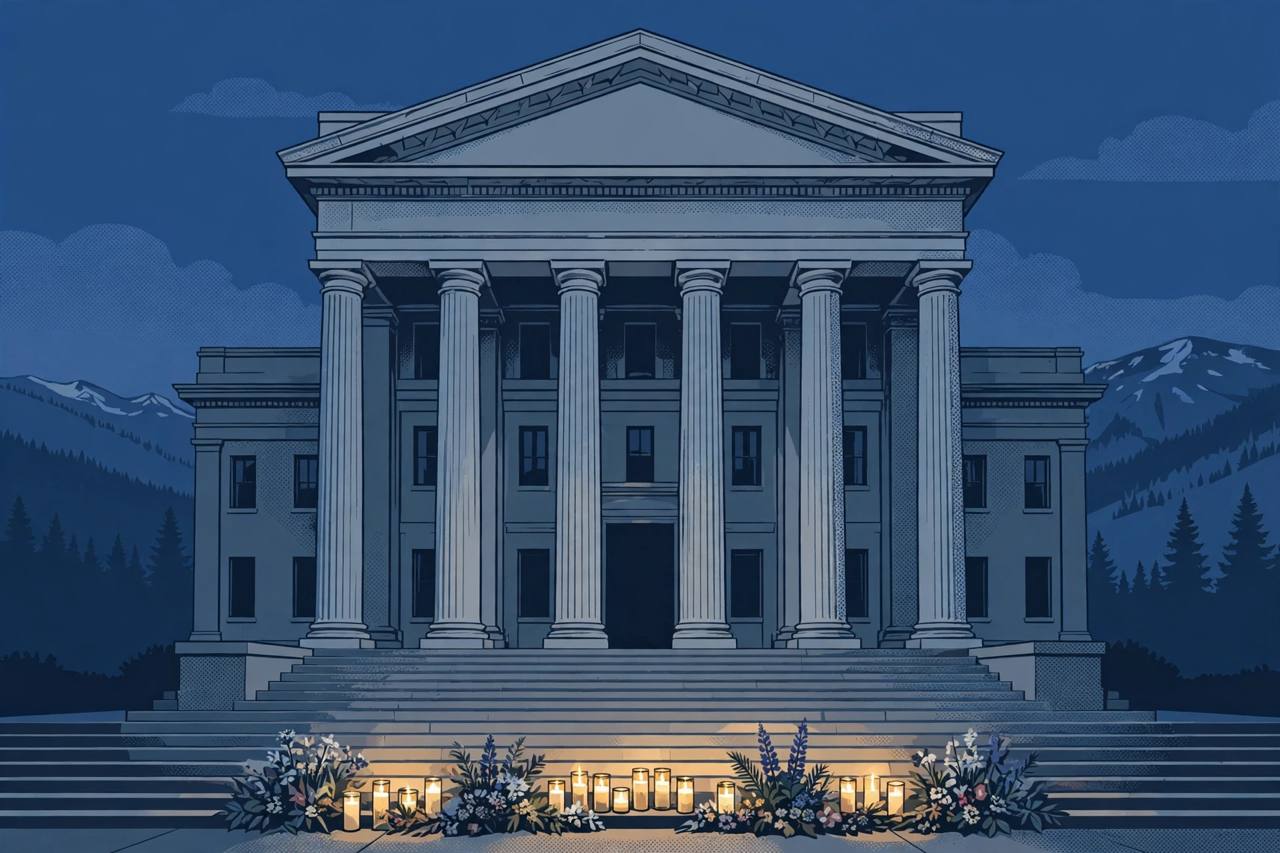Editorial illustration of a columned courthouse at dusk in the Colorado foothills, with memorial candles and flowers on its steps