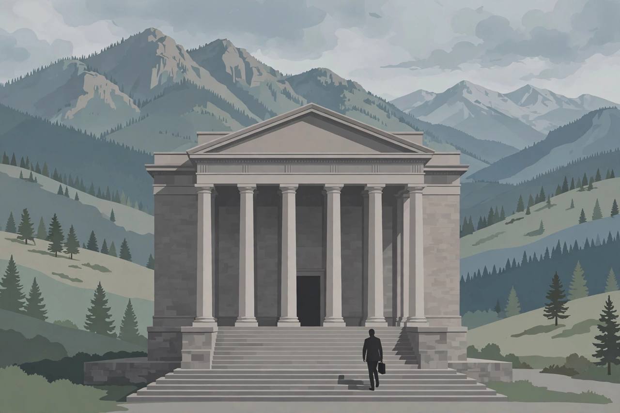 Editorial illustration of a United States federal courthouse in Colorado with the Rocky Mountain foothills behind it and a generic silhouetted figure walking up the steps