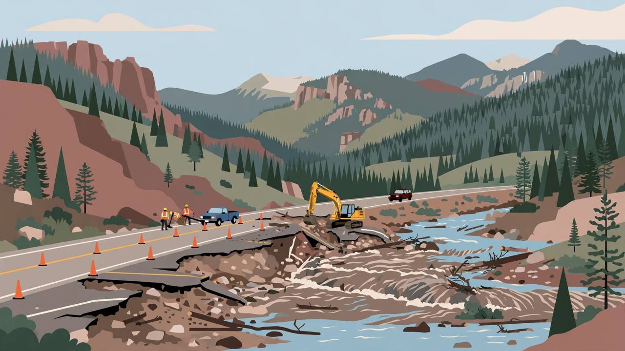 Editorial illustration of a flood-washed-out mountain highway in southwest Colorado beside a swollen river, with repair crews, an excavator and traffic cones