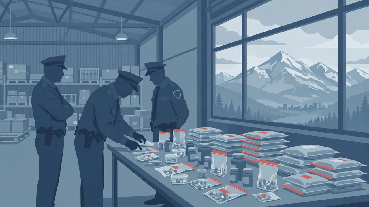 Editorial illustration of police narcotics detectives examining an evidence table stacked with sealed packages and pill bottles in a warehouse, with mountains visible through a window