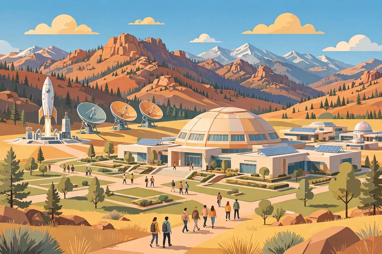 Editorial illustration of a proposed space academy campus with a domed building, satellite dishes and a rocket against the Rocky Mountain foothills near Colorado Springs, with generic students walking on campus paths
