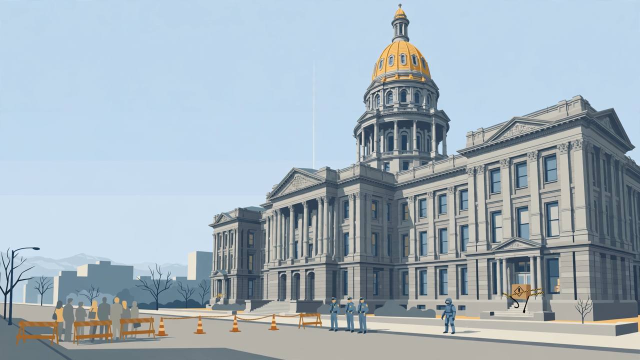 Editorial illustration of the Colorado State Capitol in Denver with state troopers and a bomb squad technician examining a small package on an exterior windowsill while staff wait across a closed street