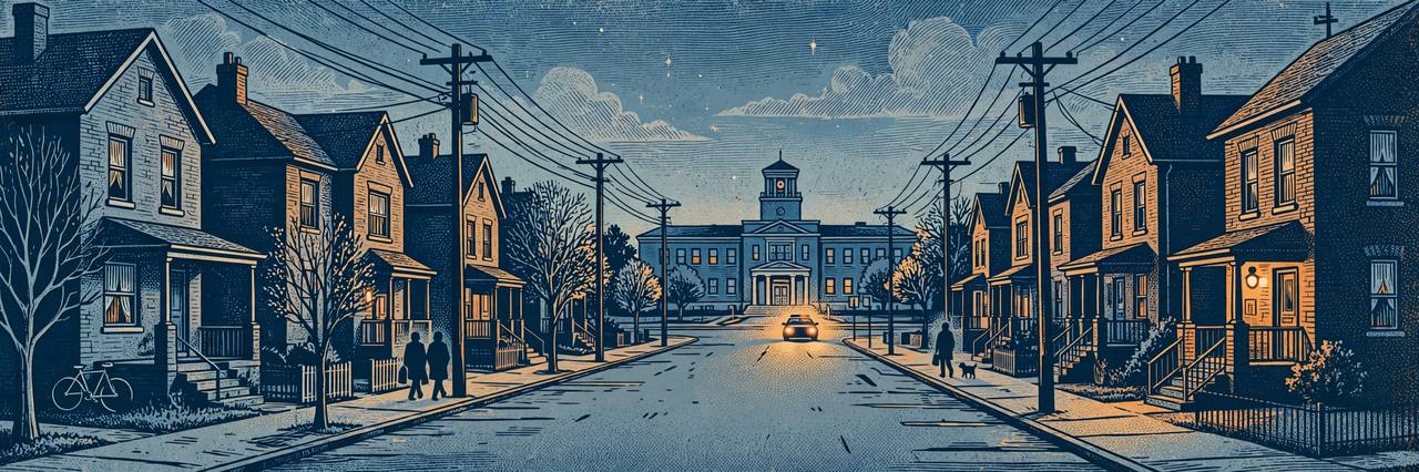 Editorial illustration of a residential street in Denver's Cole neighborhood at dusk; the shooting itself is not depicted