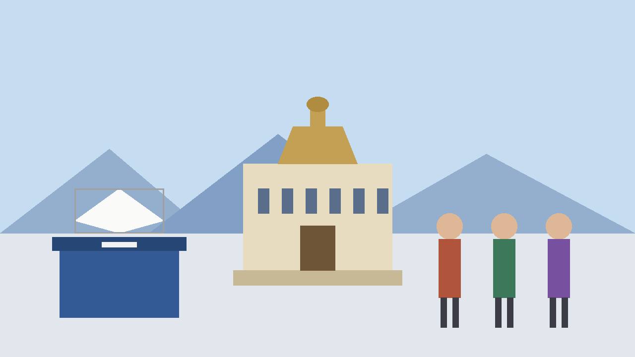 Editorial illustration of a domed state capitol building, a ballot box with an envelope, and generic standing figures, flat style, no text, no real person depicted