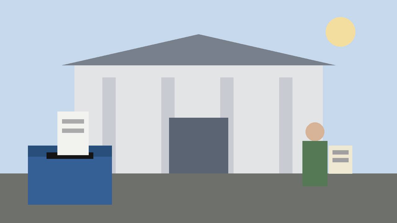 Editorial illustration of a generic civic polling building, a ballot box with a blank ballot and a generic election observer holding a clipboard, flat style, no text, no real person's face