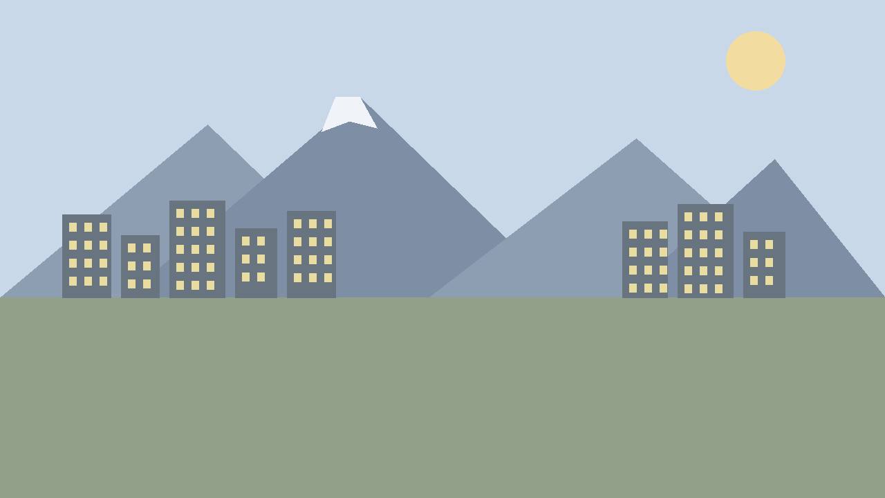 Editorial illustration of generic mountains behind a low city skyline, flat style, no people, no text, no real place depicted