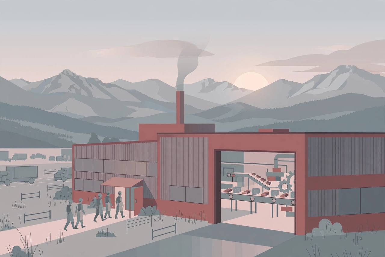 Editorial illustration of a Colorado meatpacking plant at dawn with generic worker figures walking to the entrance and mountains behind
