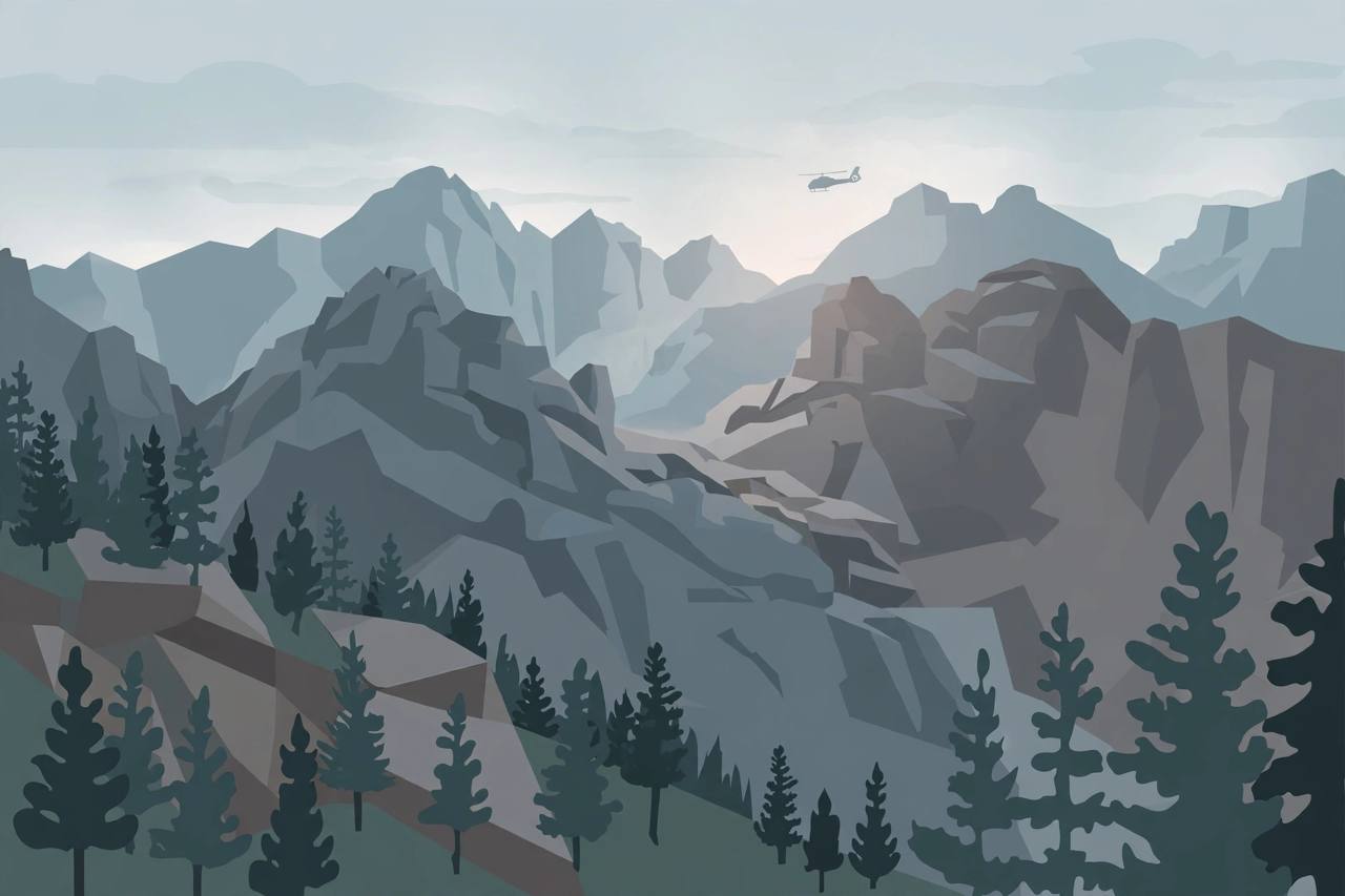 Editorial illustration of a remote Colorado mountain wilderness near a high pass with pine forest and a distant rescue helicopter silhouette; no real person is depicted, no wreckage is shown and the crash itself is not depicted