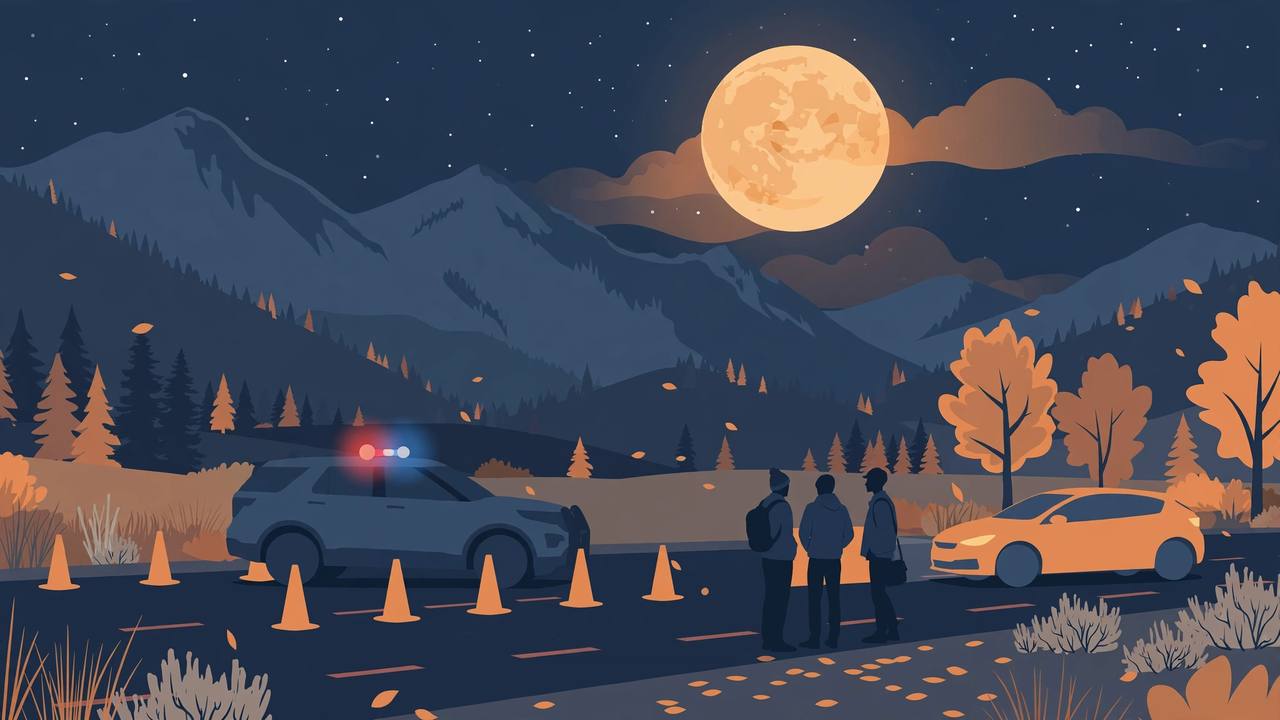 Editorial illustration of a nighttime Colorado highway DUI checkpoint with a patrol car, traffic cones, mountains and a Halloween full moon