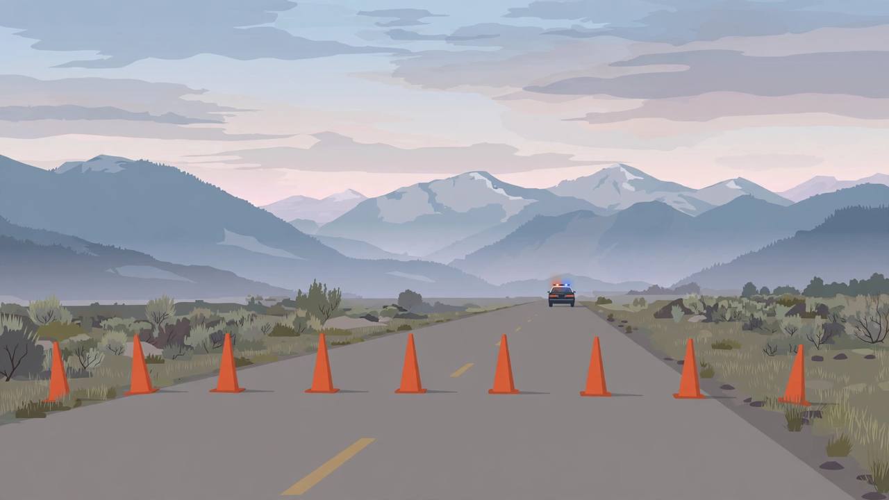 Editorial illustration of a closed Colorado highway at dawn with traffic cones and a generic patrol car, flat style, no actual crash, person or place depicted