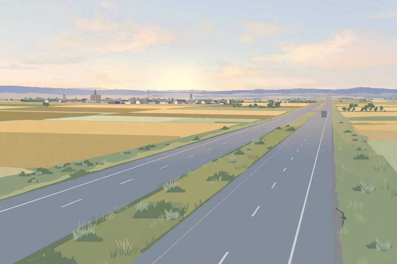 Editorial illustration of an empty generic divided highway in northern Colorado, flat style, no crash, no people, no real person depicted