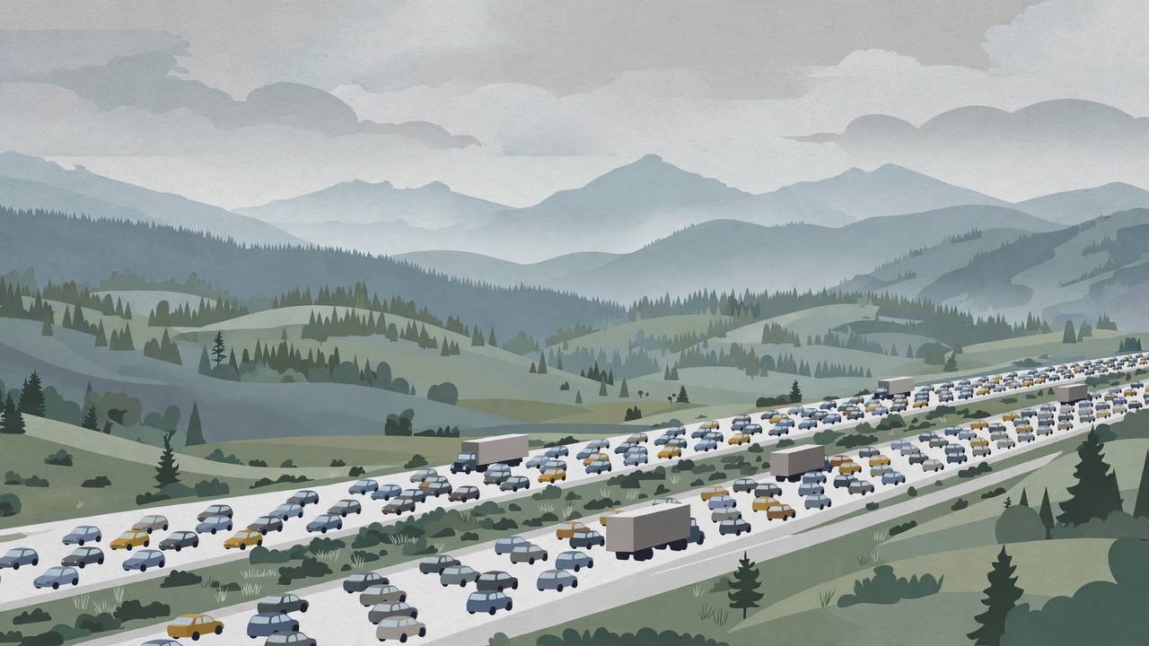 Editorial illustration of heavy morning traffic on a multi-lane interstate in northern Colorado with foothills behind; no crash is depicted