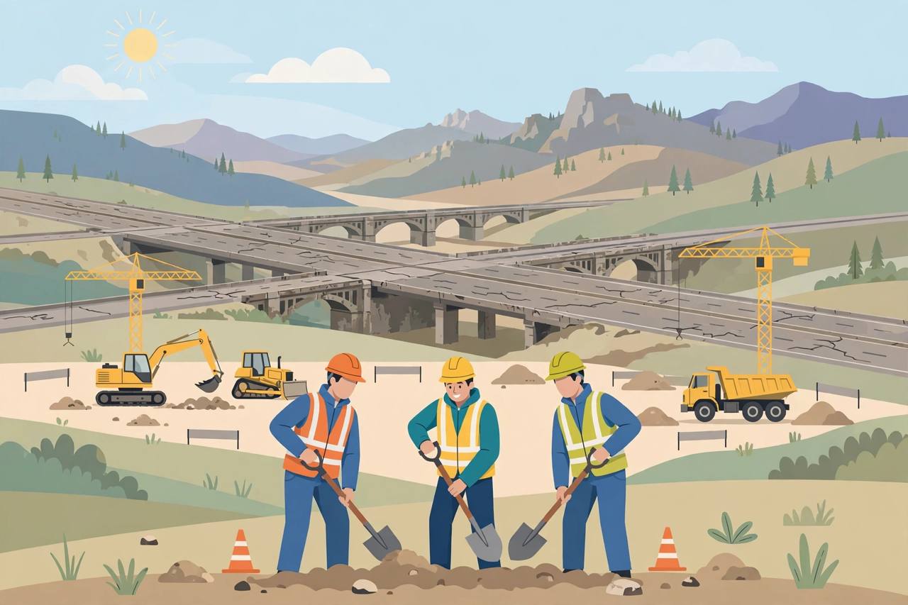 Editorial illustration of a highway reconstruction groundbreaking with cranes, earth-moving equipment and aging bridges, flat style, no real person