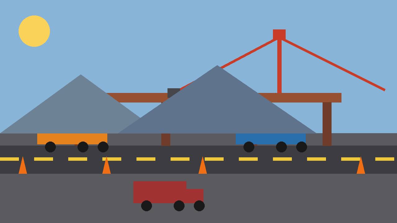 Editorial illustration of a multi-lane interstate highway with trucks, a bridge under construction and a crane, flat style, no text, no people's faces