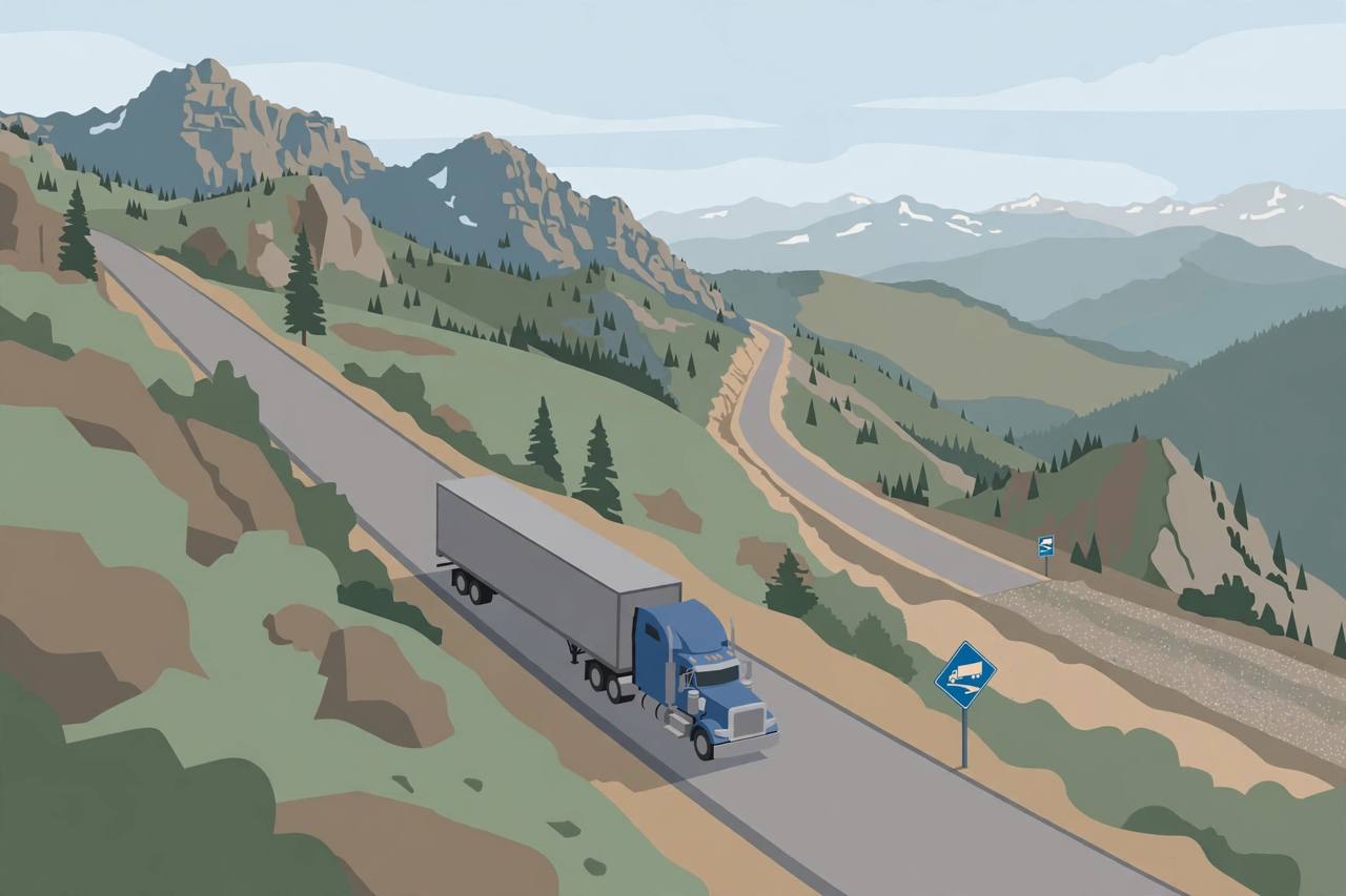 Editorial illustration of a generic semi-truck descending a steep mountain highway, flat style, no crash depicted, no real person or place