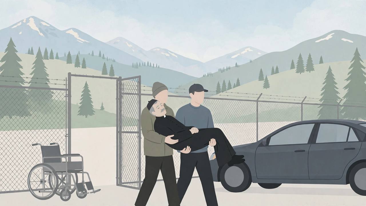 Editorial illustration of an elderly priest being carried by two men toward a car outside a detention facility gate, a wheelchair left behind