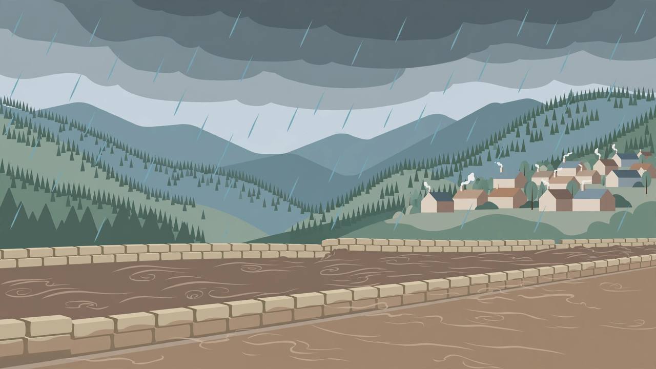 Editorial illustration of a swollen brown river rushing past a small mountain town under heavy rain clouds, flat style, no people and no text — no actual place or person is depicted