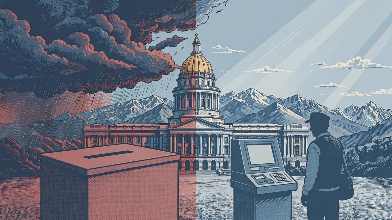 Editorial illustration of a golden-domed state capitol with mountains behind, a ballot box and a voting machine in the foreground and a generic silhouetted election worker, flat style, no text and no real person's face