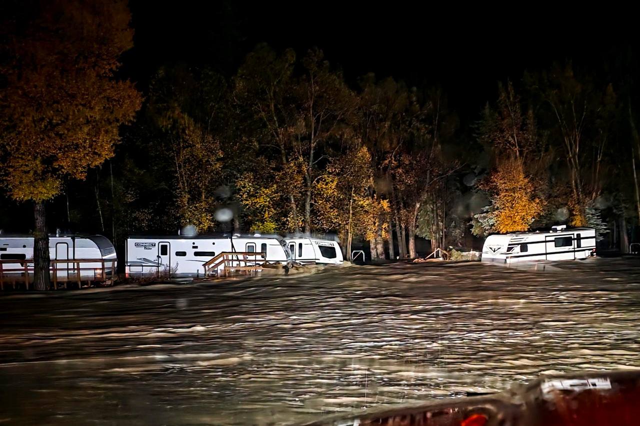 Floodwaters rise at the Fun Valley Family Resort near South Fork, Colorado, during the October 22, 2026 flooding in Rio Grande County