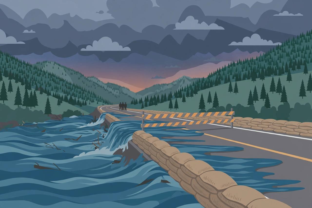 Editorial illustration of floodwater crossing a mountain highway beside sandbags in Colorado, flat style, no real person