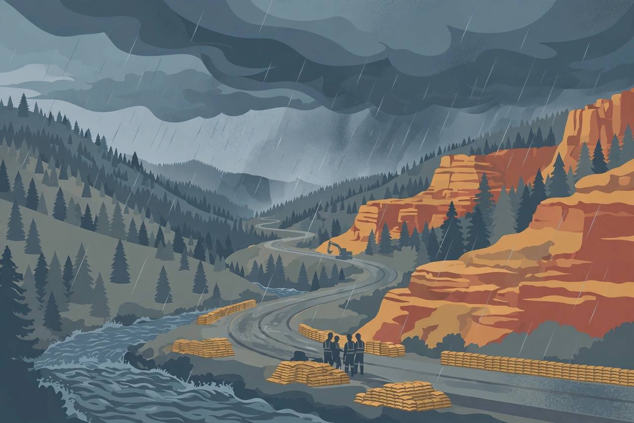 Editorial illustration of a winding mountain highway in southwest Colorado's San Juan Mountains under storm clouds, with a swollen river beside the road and a generic road crew in the distance