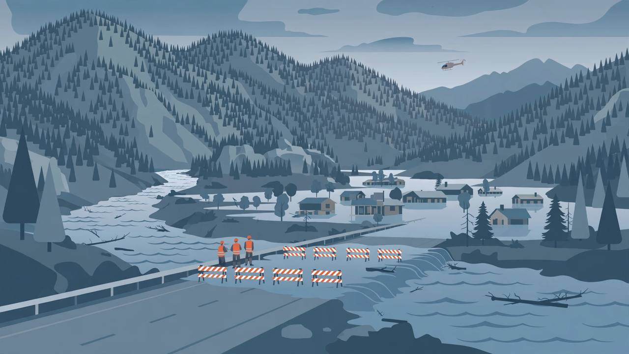 Editorial illustration of a swollen river flooding a small mountain town in southwest Colorado, a closed highway with barricades, generic rescue workers and a rescue helicopter in the distance, pine mountains behind