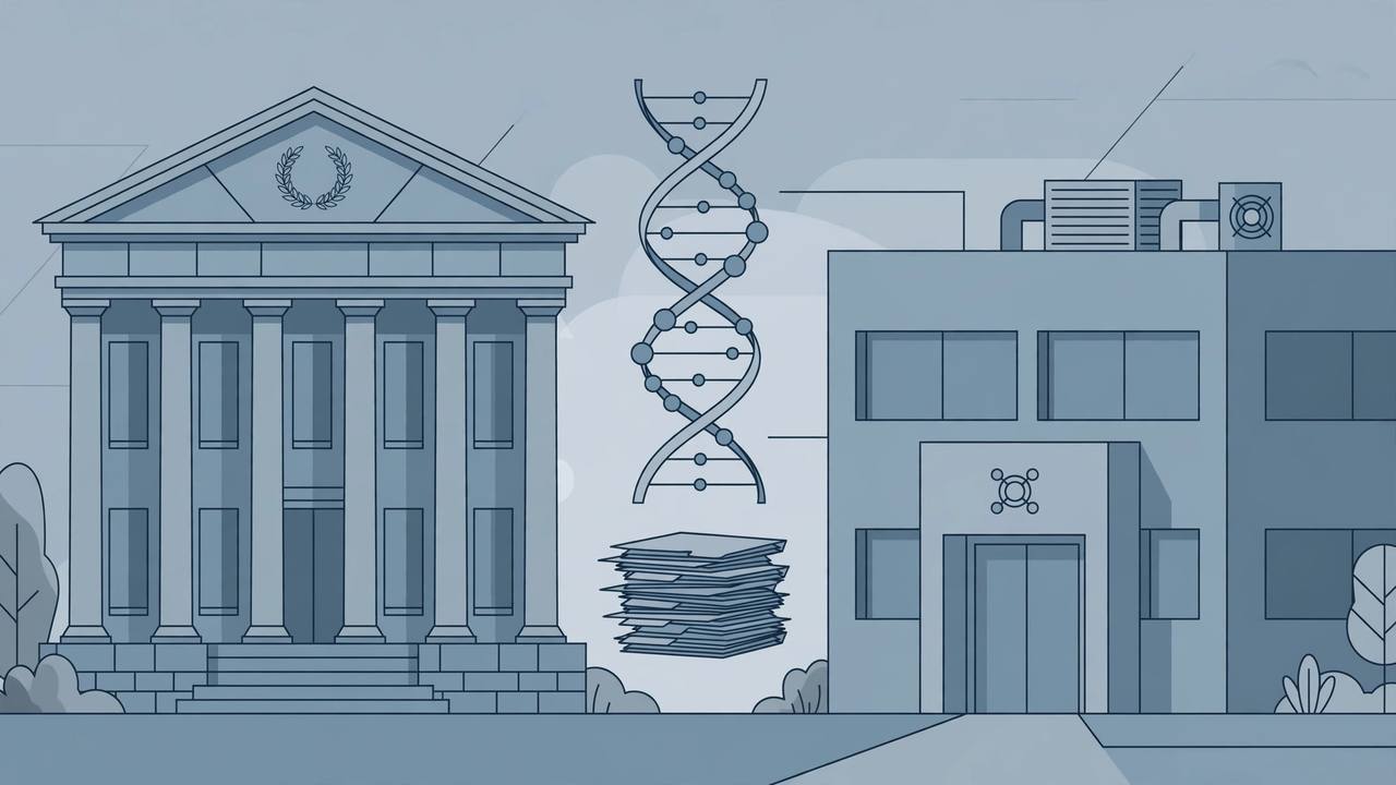 Editorial illustration of a columned courthouse beside a forensic laboratory building with a DNA double helix and a stack of case files between them, muted blue-grey palette, no text, no people
