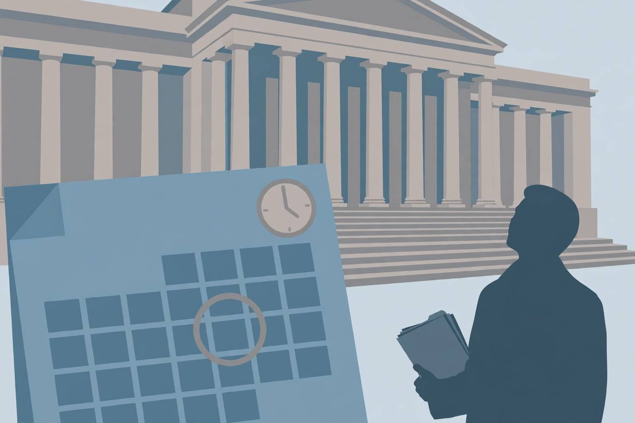 Editorial illustration of a federal courthouse with columns, a large calendar page with one circled day and a clock, and a generic silhouetted figure holding legal papers, flat style, no text and no real person's face