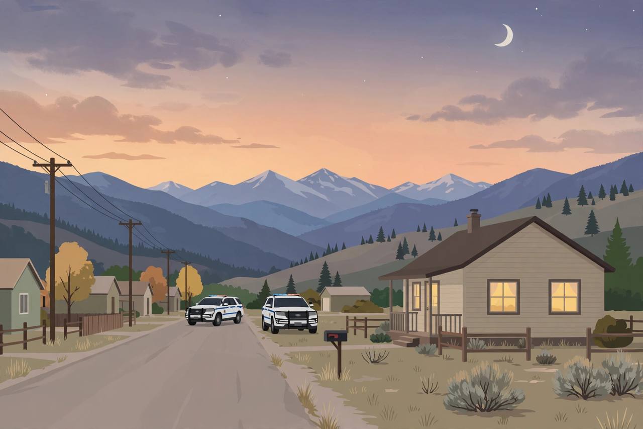 Editorial illustration of sheriff vehicles parked on a rural Colorado street at dusk in front of a house, flat style, no shooting depicted, no person depicted