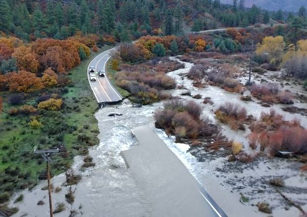 Aerial view of flood damage on Colorado Highway 151 between Ignacio and Pagosa Springs, photographed by the Colorado Department of Transportation