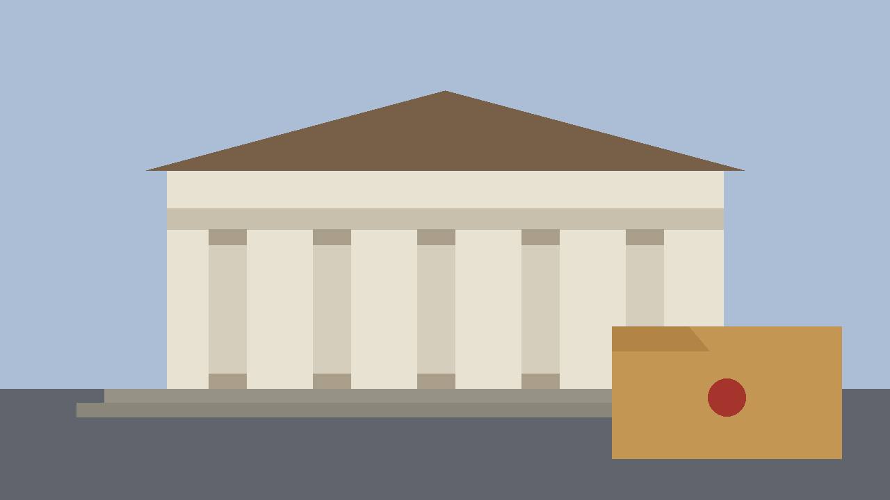 Editorial illustration of a generic federal courthouse with columns and a sealed document folder in the foreground, flat style, no real person depicted, no text