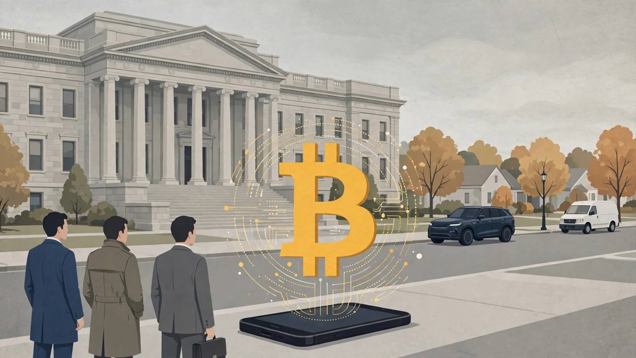 Editorial illustration of a Hartford federal courthouse, a Bitcoin symbol rising from a smartphone, an SUV and a van on a suburban Connecticut street