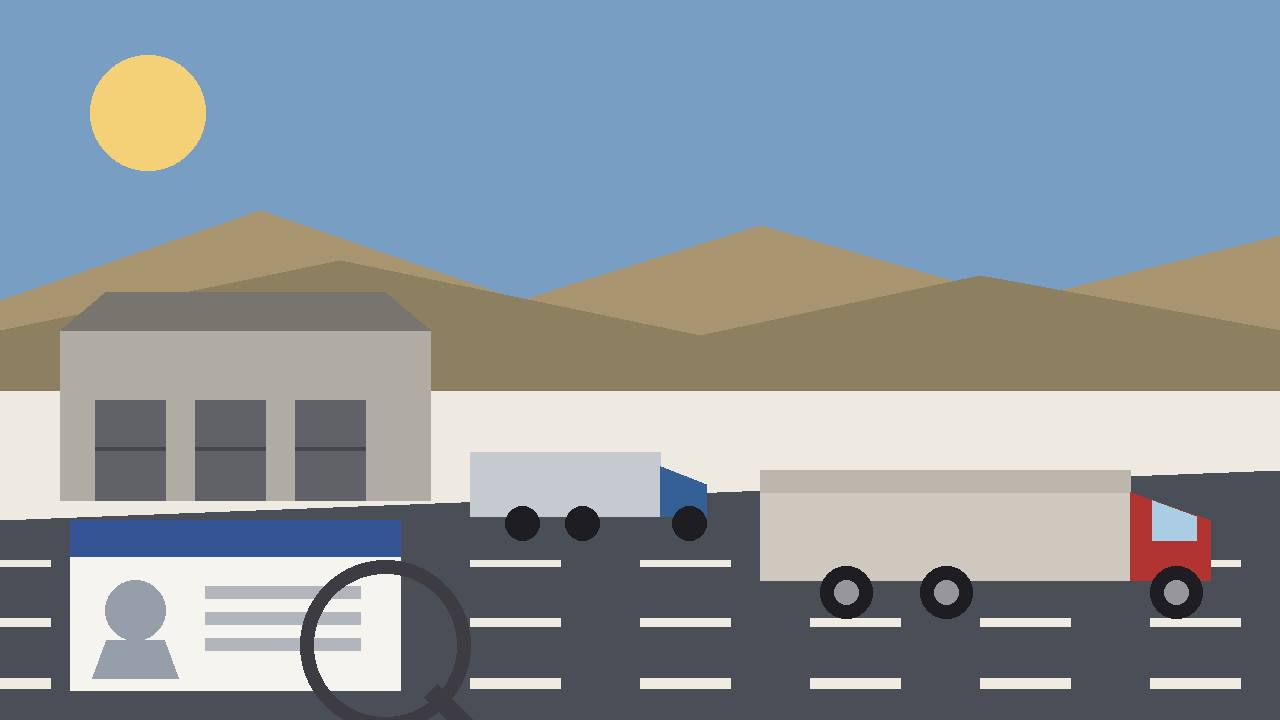 Editorial illustration of two generic semi trucks on a highway near a warehouse, with an oversized blank ID card under a magnifying glass, flat style